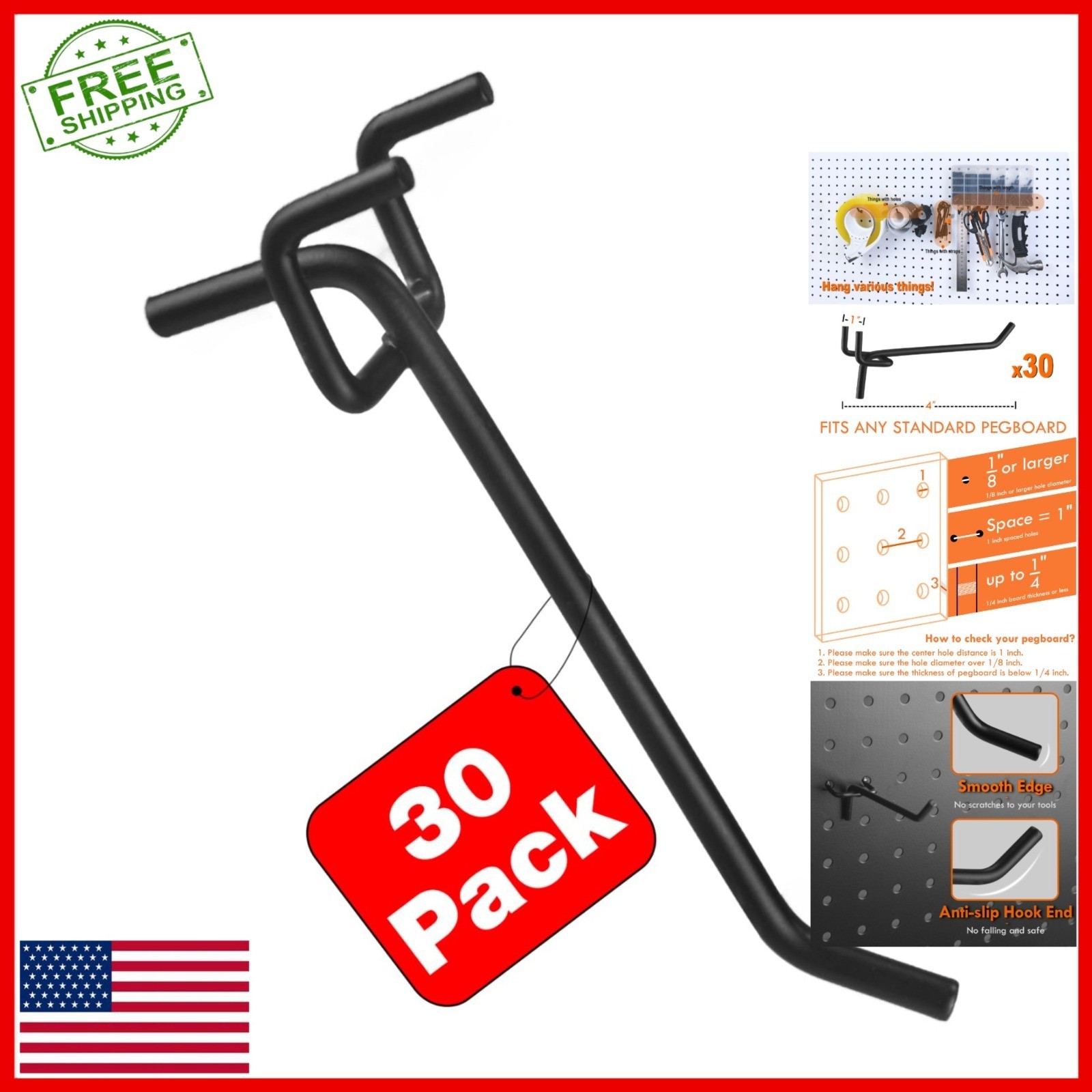 30pcs Metal Pegboard Hooks for Organizing Tools | Heavy Duty Black