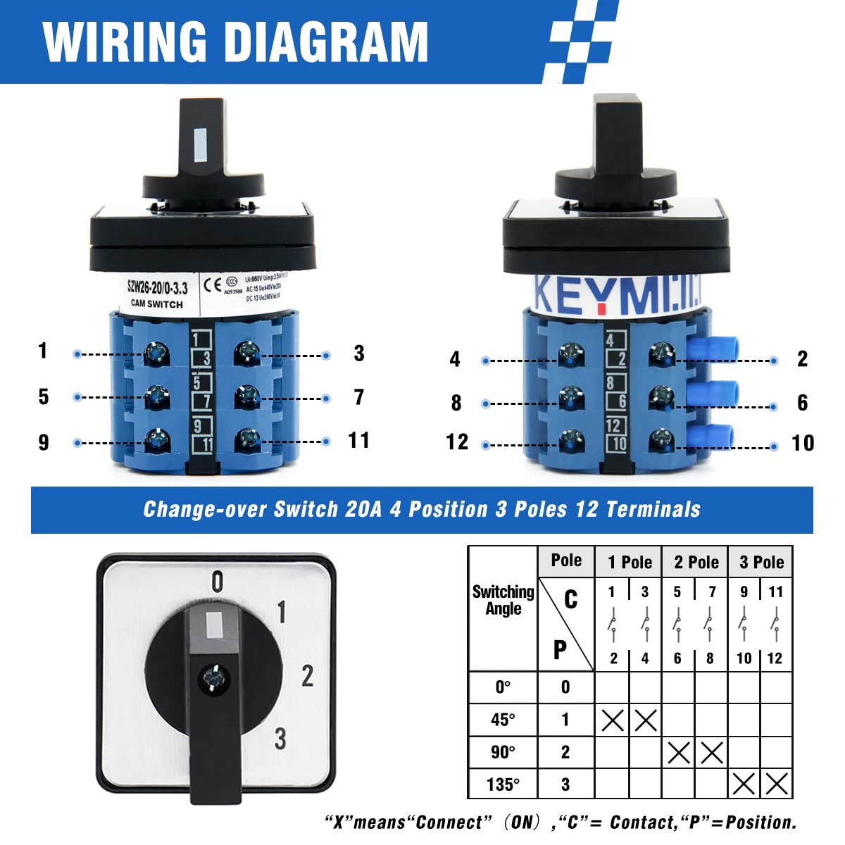 KEYMOO 20A Rotary Changeover Switch 660V 4 Position 3 Phase 12...