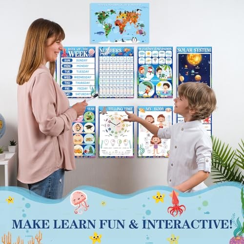 18 Pcs Educational Posters for Classroom, Laminated Preschool Learning Ocean