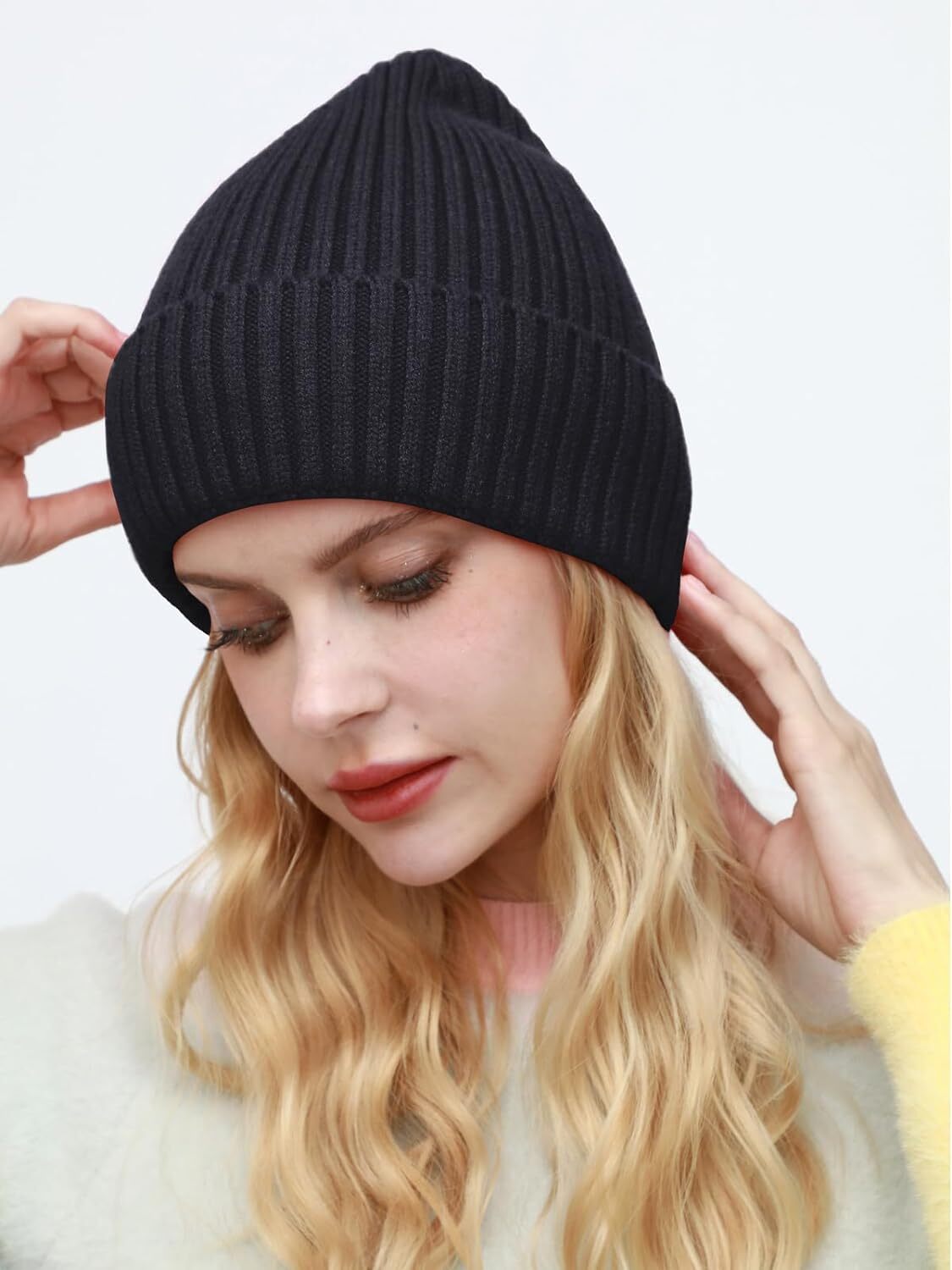 ROYBENS Womens Satin Lined Beanie for Men Wool Knit Cuffed 2pcs (Gray+black)