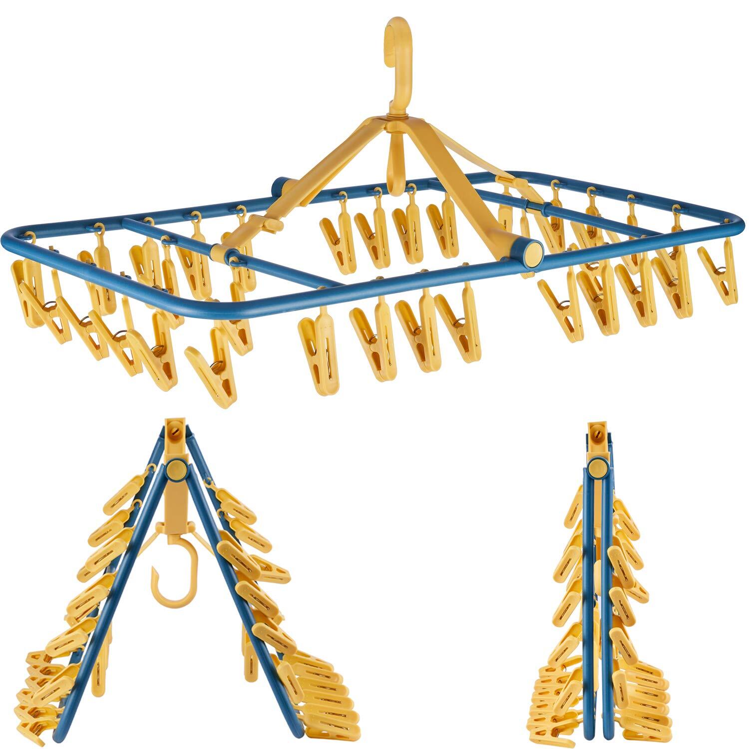 Drip Hanger Foldable Clip Hangers Plastic with 32 Drying Clips Wind-Proof Hoo...