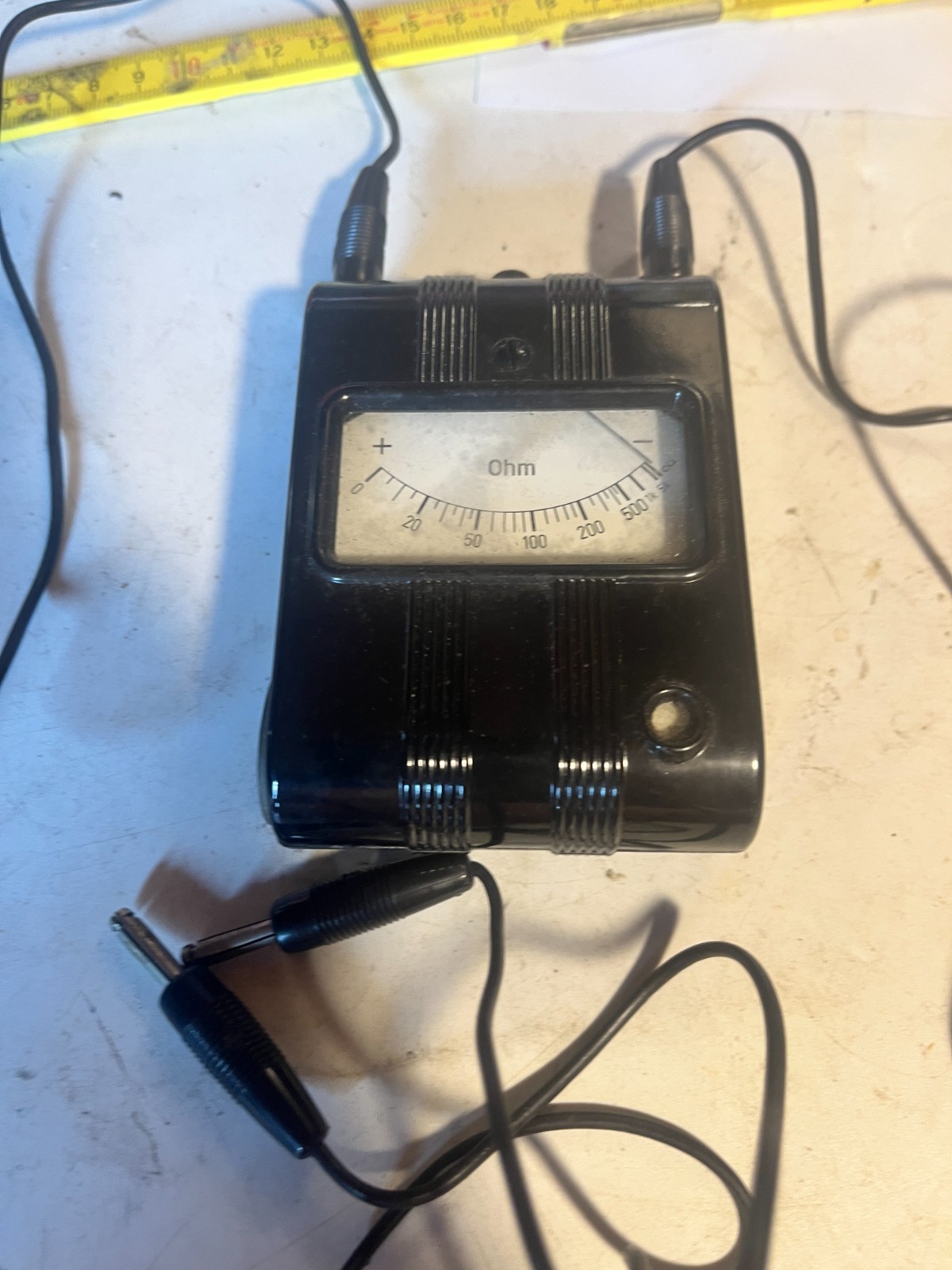 1940s Bakelite Ohmmeter in Leather Case Gutter Gauge Workshop with Cable