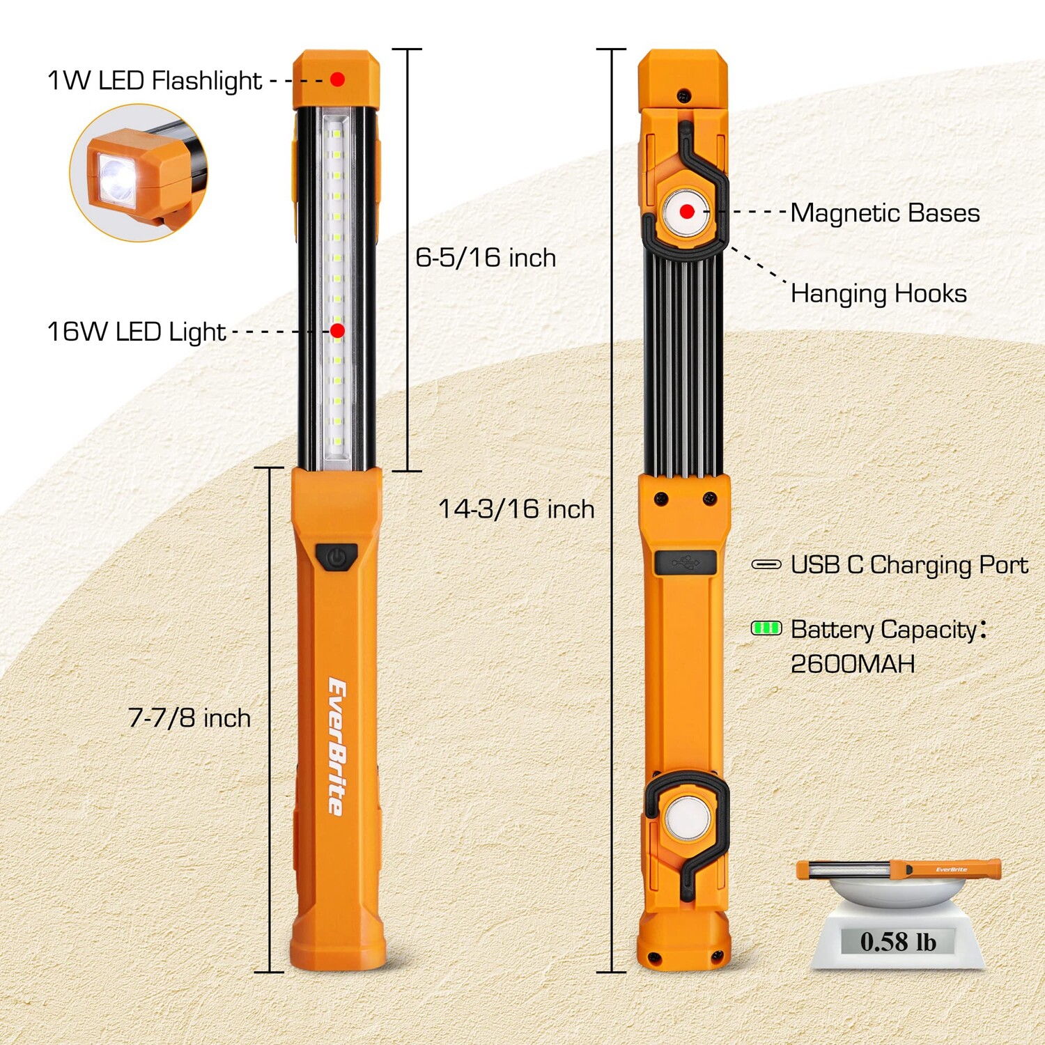 EverBrite 1000LM LED Work Light Rechargeable Work Light for Mechanics Pack of 2