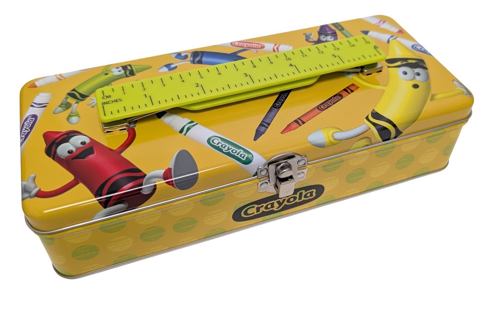 Metal Pencil Storage Box with Ruler Handle, Yellow Decorative School Supply...