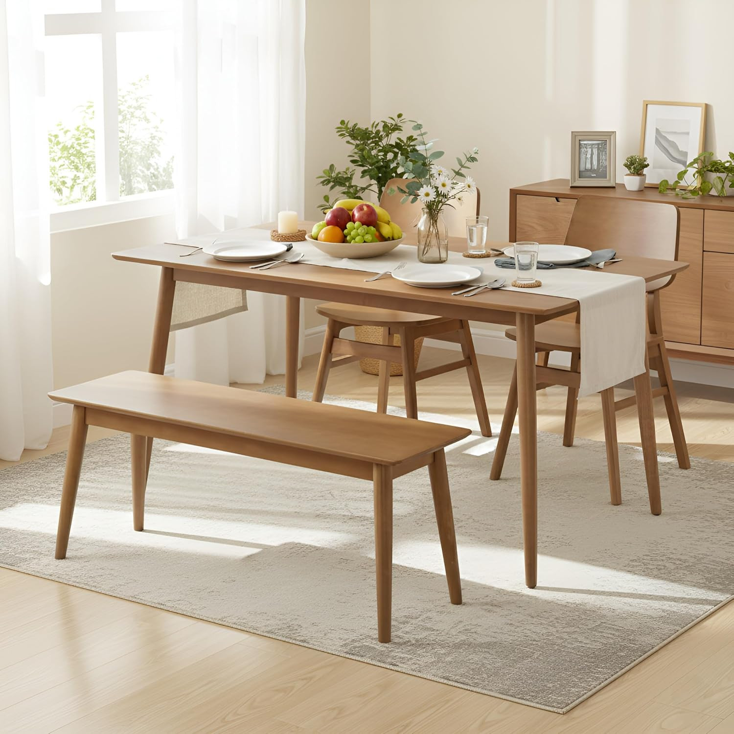 Calais Dining – 4 Piece Dining Table Set for 4 with Chairs and Bench – Mid Centu