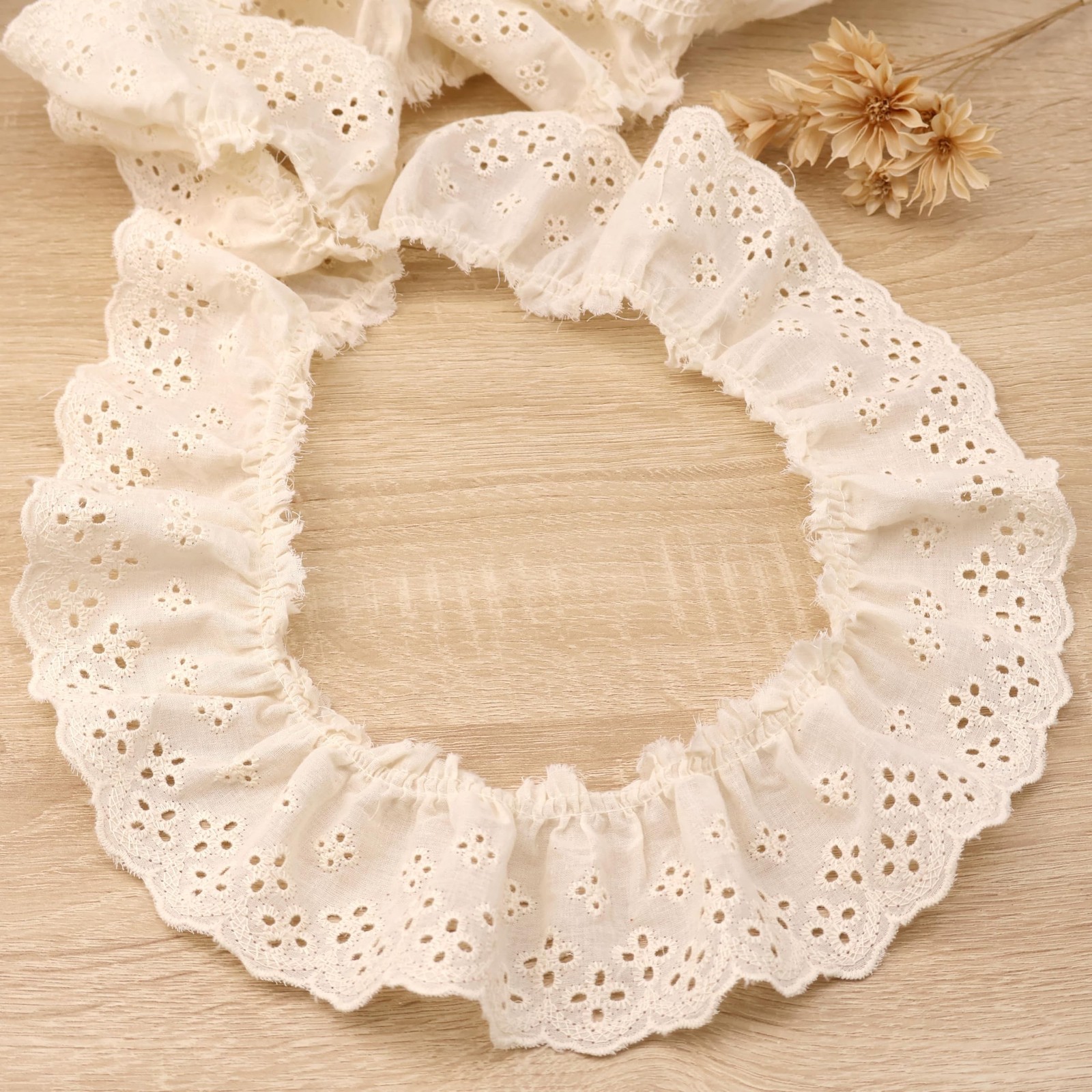 4 Yards Ruffle Trim Eyelet Embroidered Cotton Pleated Lace Trim 2.36" Wide (B...