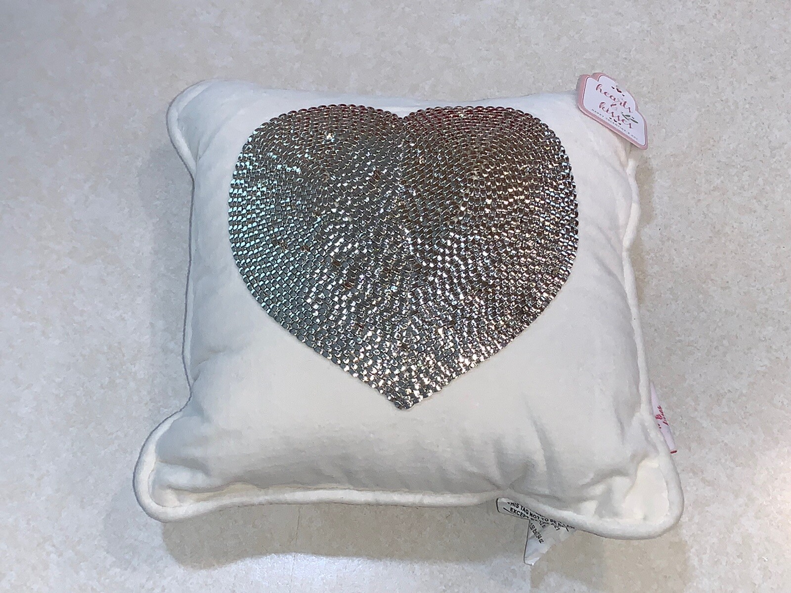Hearts & Kisses Valentines Day Beige Silver Heart Beaded Pillow 12" x 12" New