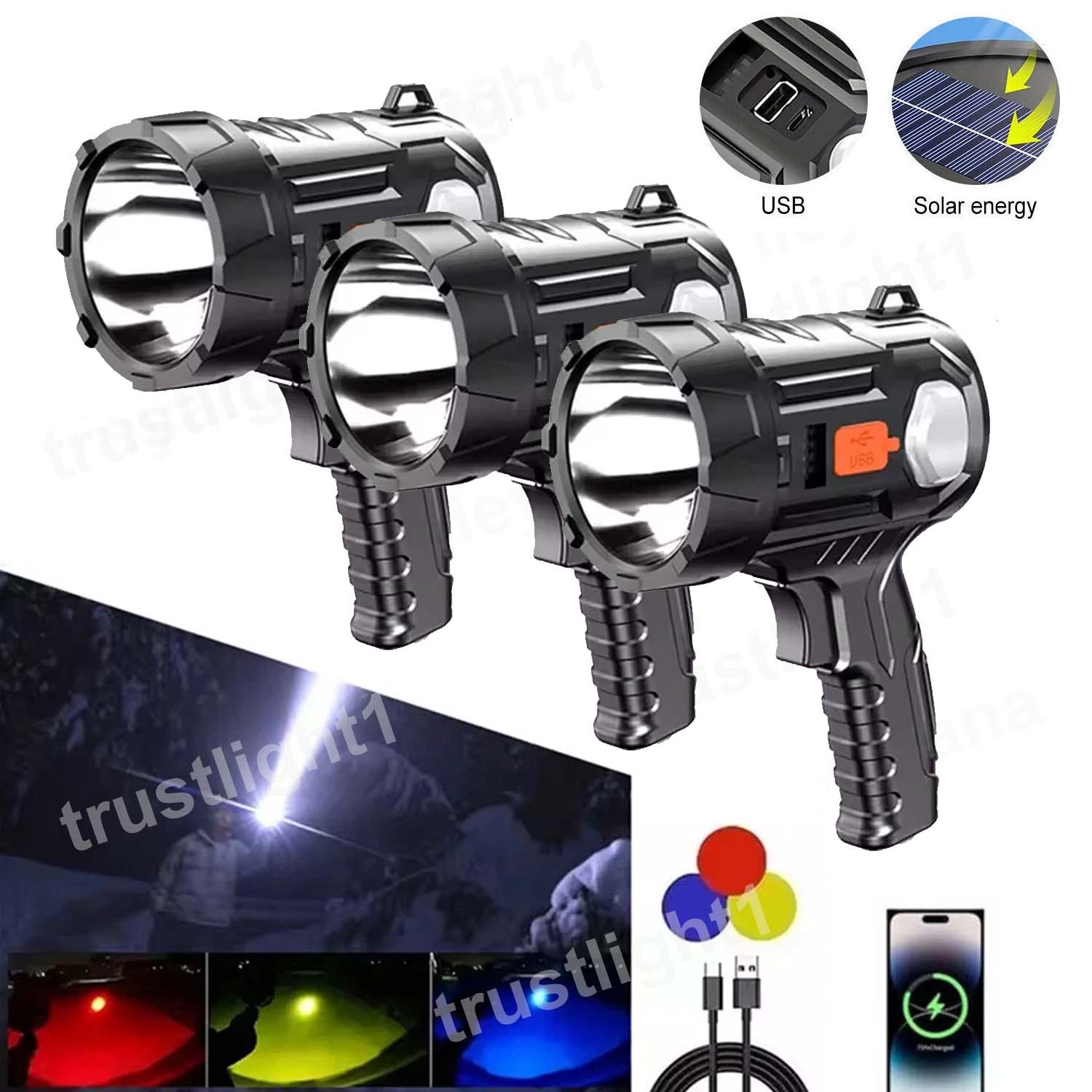 3PCS Solar/USB Super Bright Rechargeable LED Spotlight Flashlight Searchlight