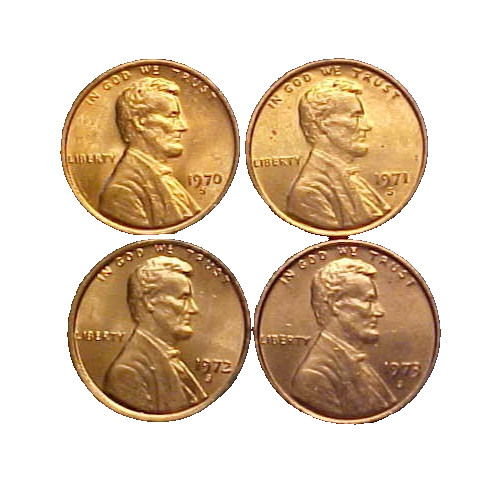 1970-71-72-73-S Set Ch BU Red Lincoln Cents- 4 Great Collector Coins!-c7341xux