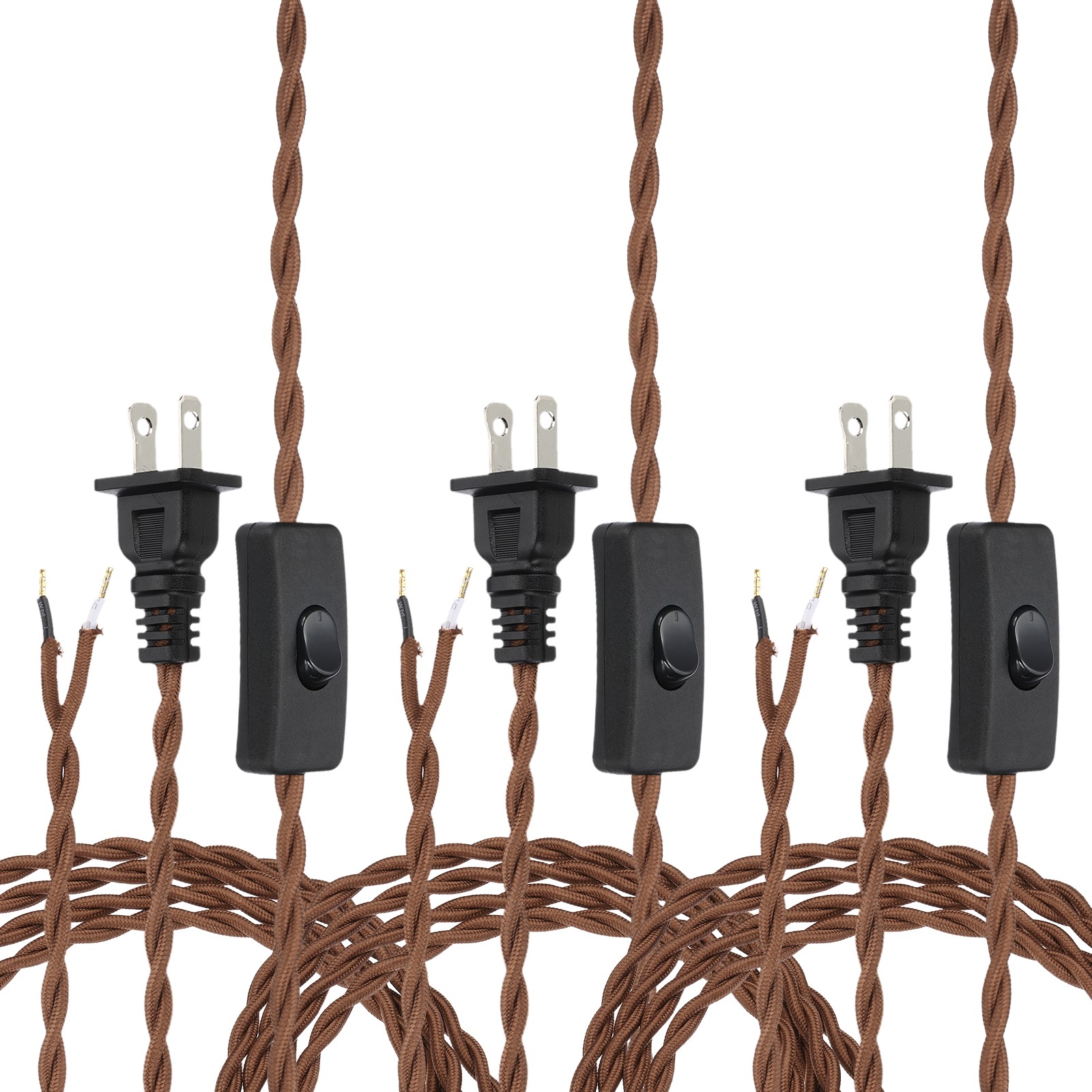 3Pcs 8Ft 18/2 Twisted Cloth Lamp Cord with Button and Plug, Light Brown