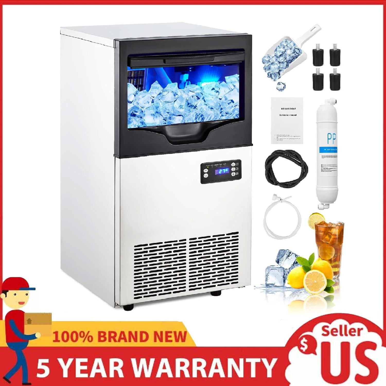 100Lbs/24H Commercial Ice Maker ,Stainless Steel Bar Restaurant Ice Cube Machine