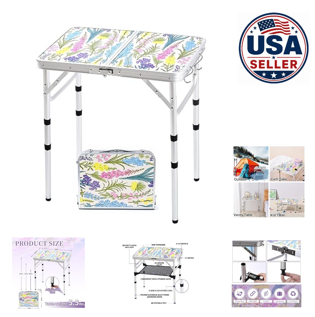 Folding Camping Table 2ft Portable Adjustable Height 3 Positions Lightweight