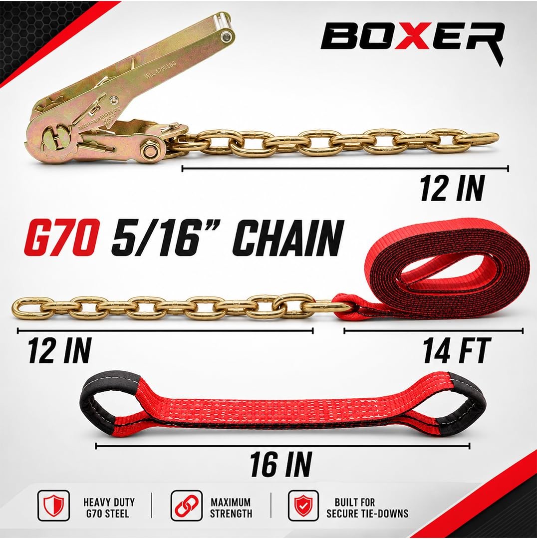 BoxerTool 8 Point Roll Back Vehicle Tie Down Straps with Chain Extension 2" X...