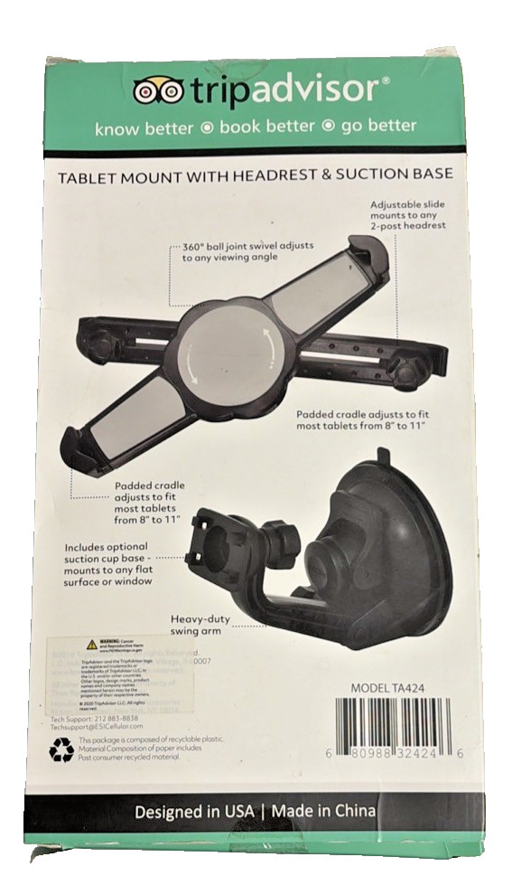 TripAdvisor Tablet Mount TA424 Headrest & Suction Base 360° Adjustable Holder