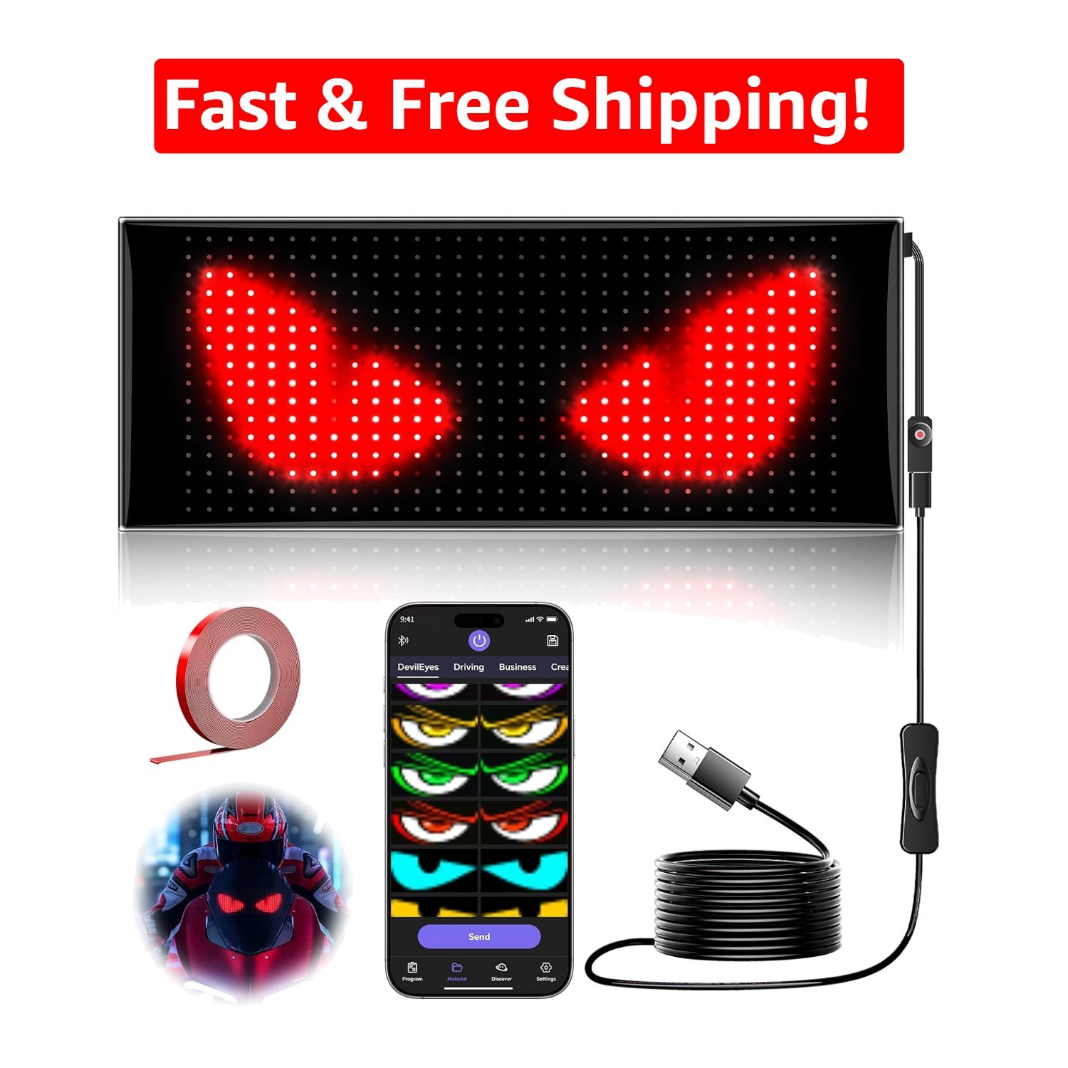 7''x3'' Flexible LED Motorcycle Eyes - Bluetooth Animated Sign for Customization