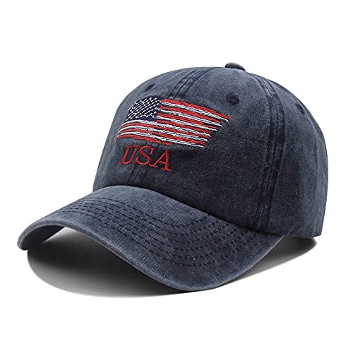 American Flag Hats, Embroidered Cap, Adjustable Vintage Washed Navy Blue