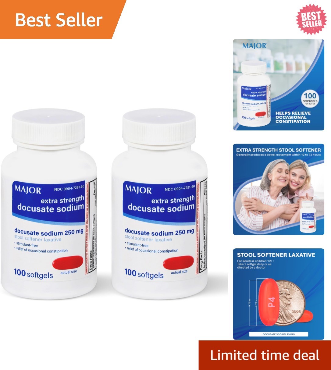 Docusate Sodium 250 mg Stool Softener – Extra Strength, Stimulant-Free 100 So...