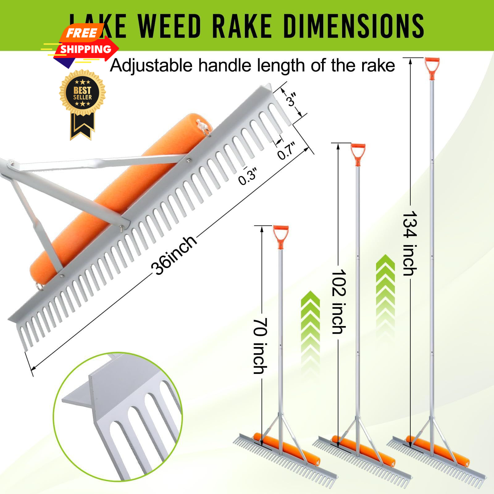 Fumingpal Floating Weed Lake Rake, 36 Inch Widths Pond Rake Aquatic Silver