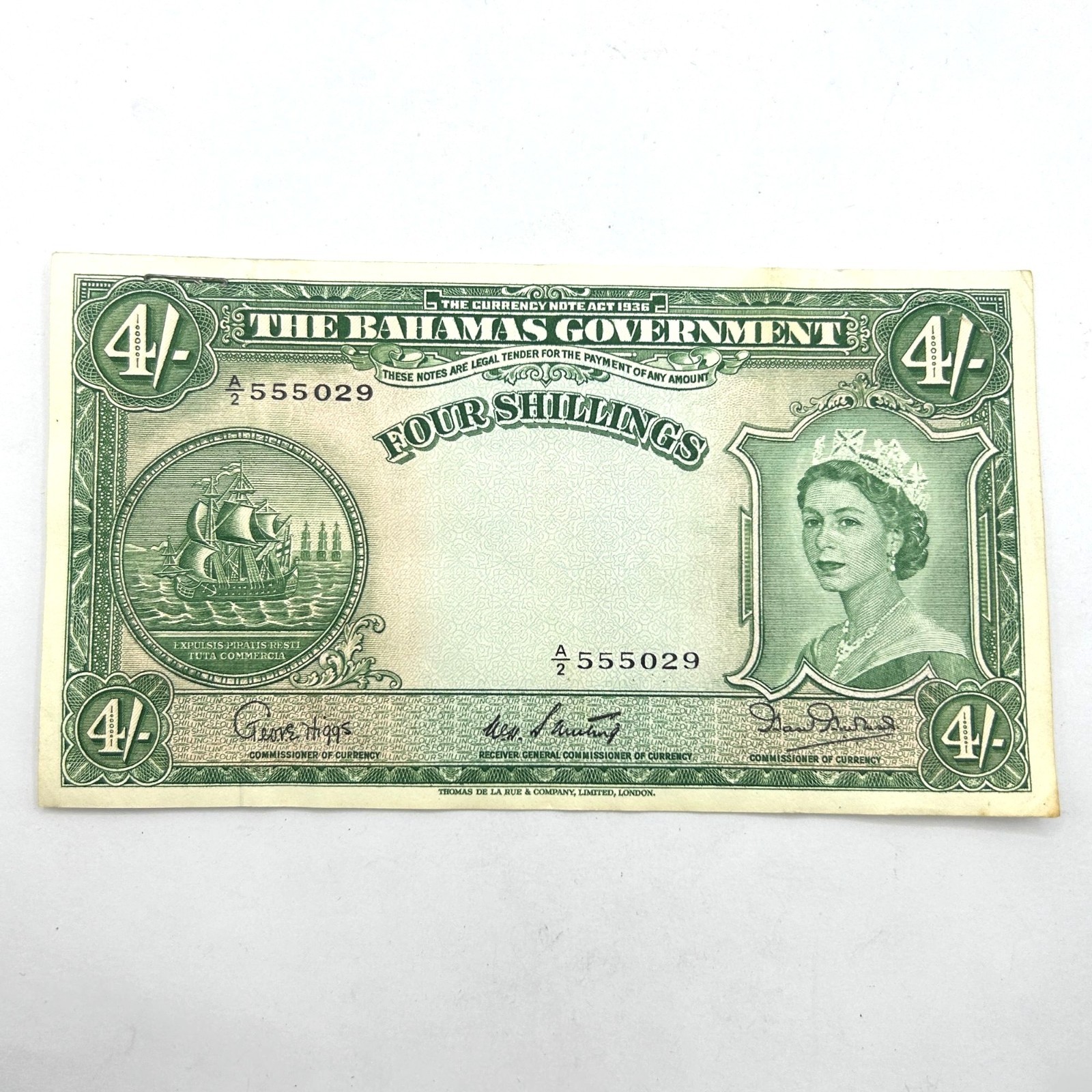 Bahamas Banknote Four Shillings 1936 ND, Circulated World Currency Bank Note.
