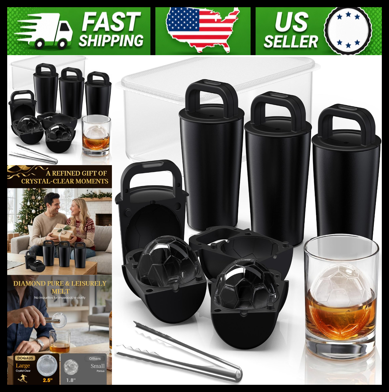DOQAUS Clear Ice Ball Maker Mold, Stainless Steel, 3 Pack