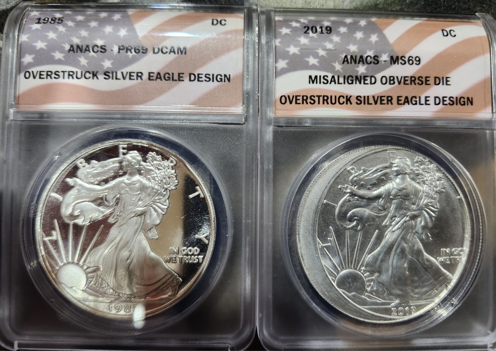 ASE Lot. 2019 MS69 Misaligned, and a 1985 PR69 DCAM proof. Daniel Carr exclusive