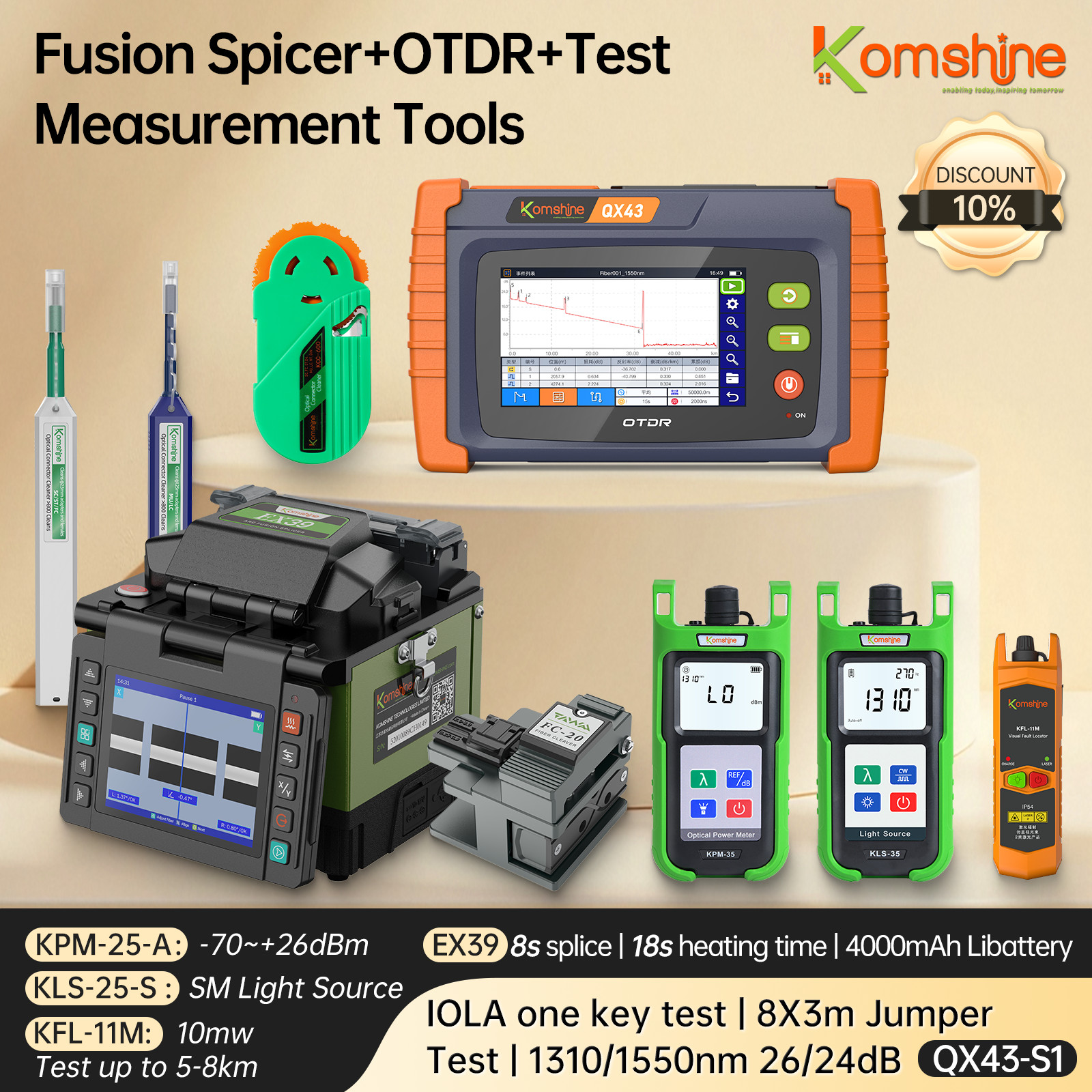 Komshine Mini EX39 Fusion Splicer + 4.3 'Touch Screen QX43 SM OTDR + OPM+OLS+VFL
