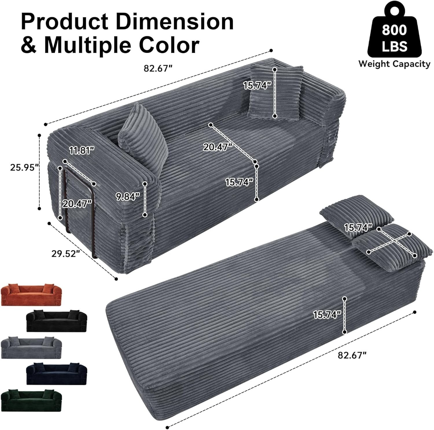 Boneless Convertible Couch Corduroy Sofa with 2 Pillows + Removable Backrest