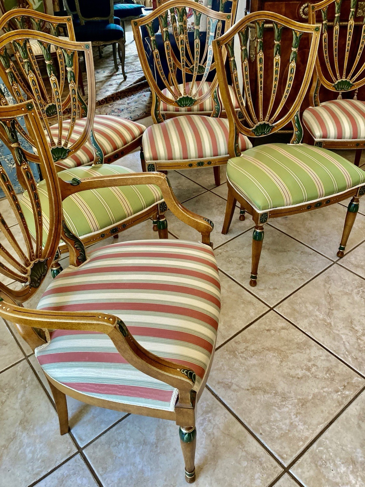 SET 7 Hepplewhite Polychrome Painted Dining Chairs