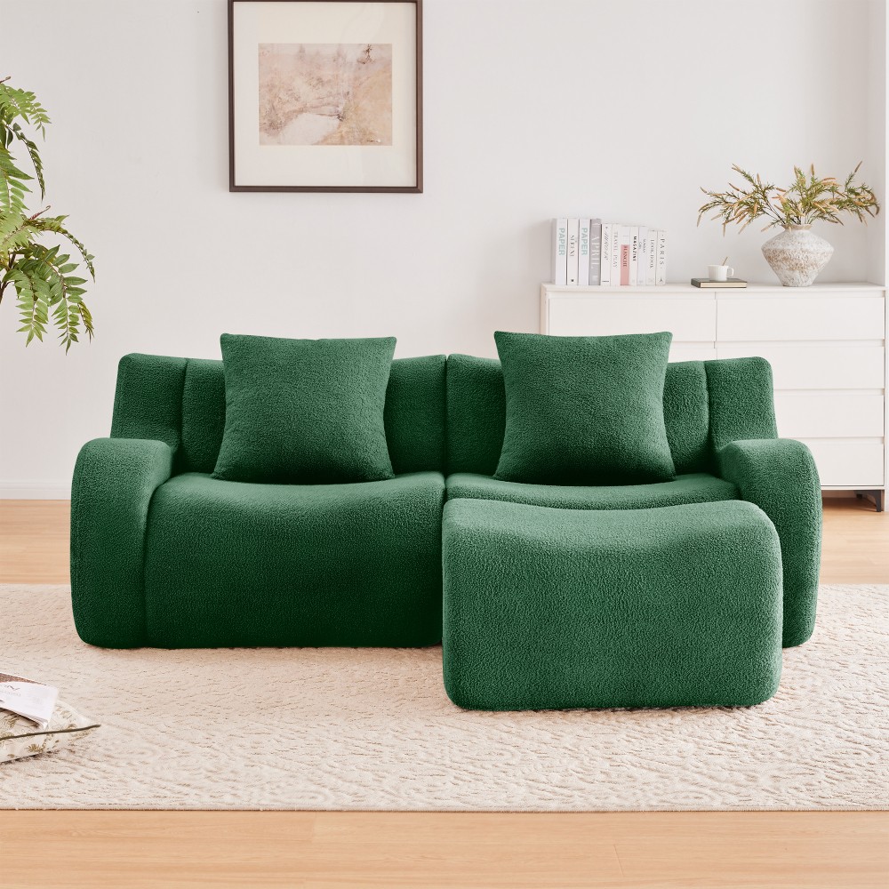 L-Shaped Teddy Fabric 2-Seat Sofa w/ Curved Armrest, Green