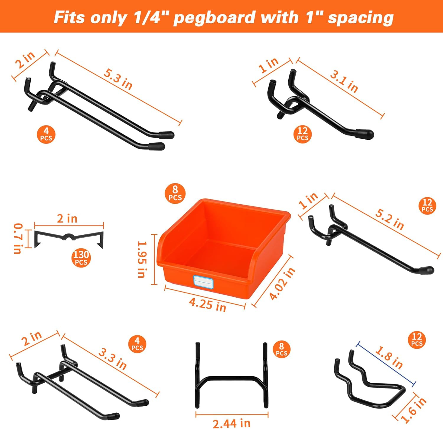 296 PCS Extra Thick 0.2'' Pegboard Hooks for 1/4" Peg Board Hanging Tools, Heavy