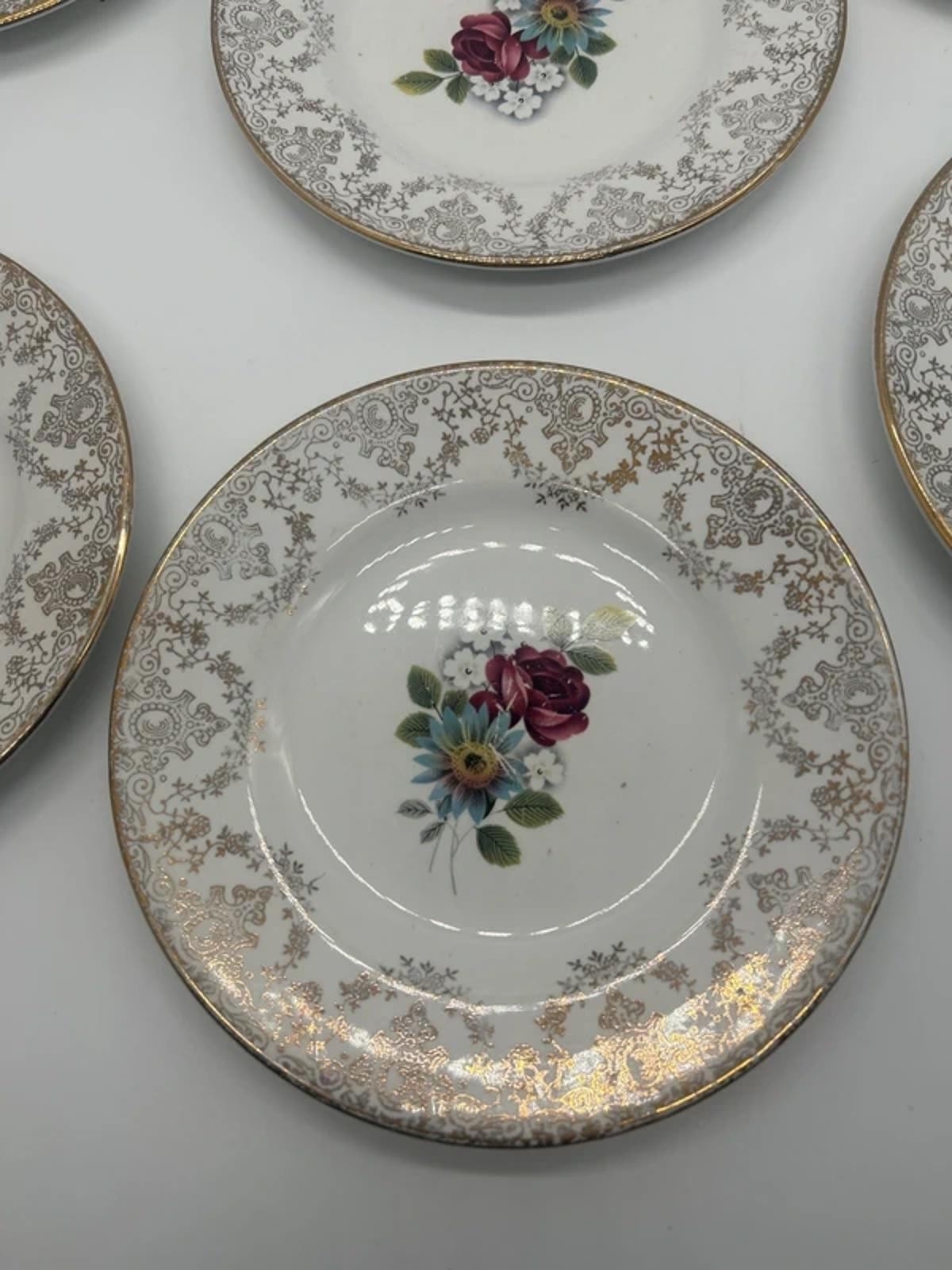 Hostess tableware plates dish x6 floral gold antique