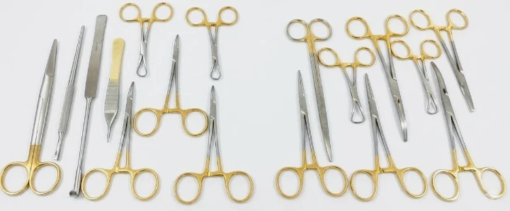 ​17Pcs Gold Handle TC Surgical Instrument Set Professional Minor Surgery Kit Box