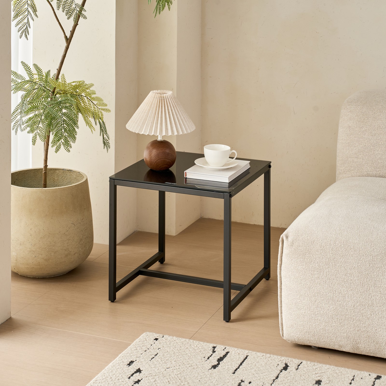 Black Glass Night Stand,MDF SideTable, Small Tea Table, Sofa Table with Metal L