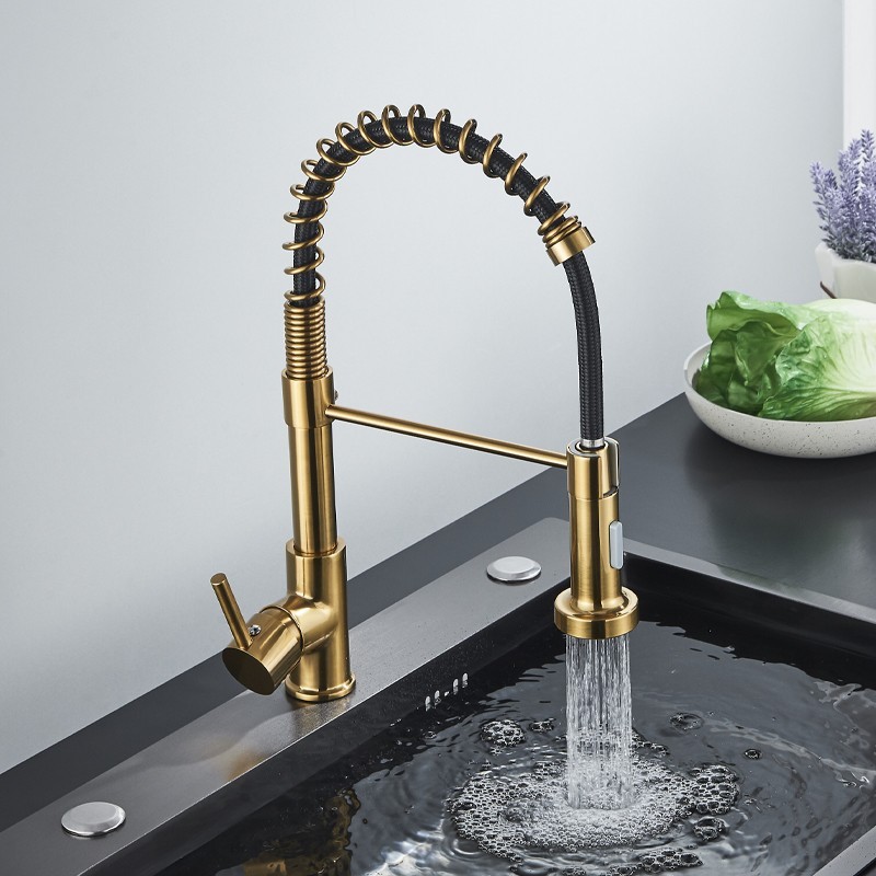 Kitchen Sink Faucet with Pull Down Sprayer Single Handle Spring 2Modes Mixer Tap