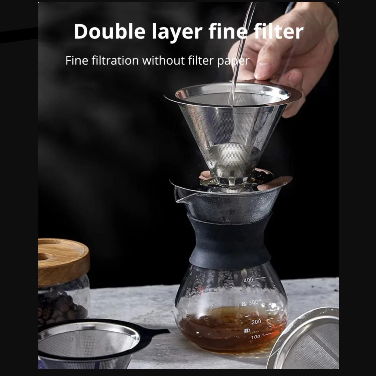 Pour Over Coffee Dripper Slow Drip Paperless Coffee Filter Double Mesh Stainless