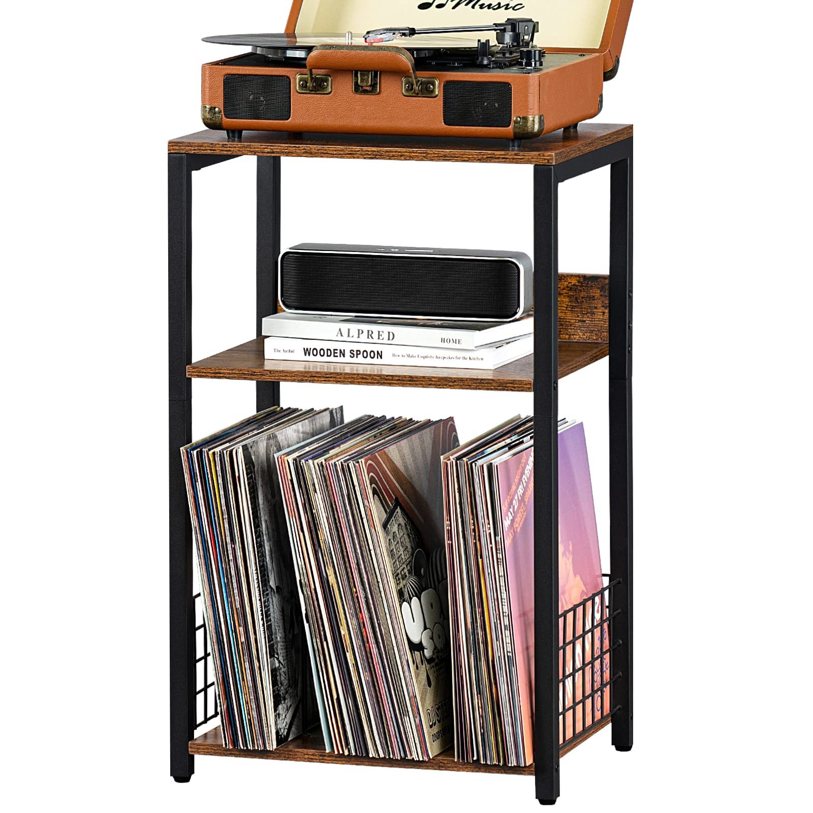 LELELINKY 3 Tier End Table,Record Player Stand with Storage Up to 100 Albums,...