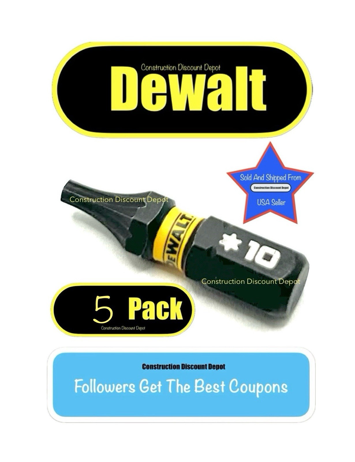 5 Pack Dewalt Flextorq IMPACT READY Bit T-10 1" Torx Drill Bits T10