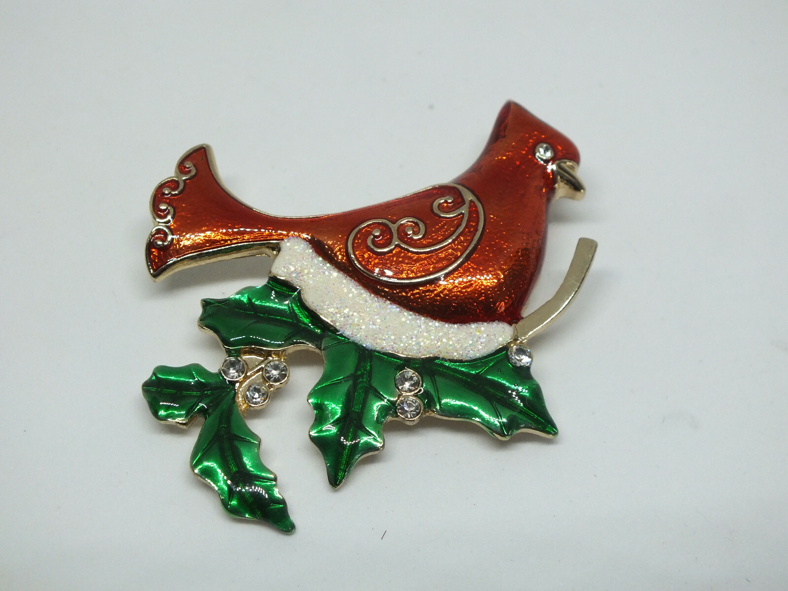 Beautiful Brooch Pin Christmas Cardinal Holly Clear Rhinestones Enamel 2x2" NICE