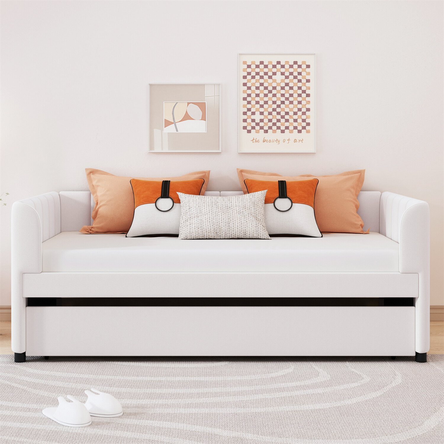 Twin Size Daybed Upholstered Bed Frame Sofa Bed w/ Trundle Bed Beige/Gray/Pink