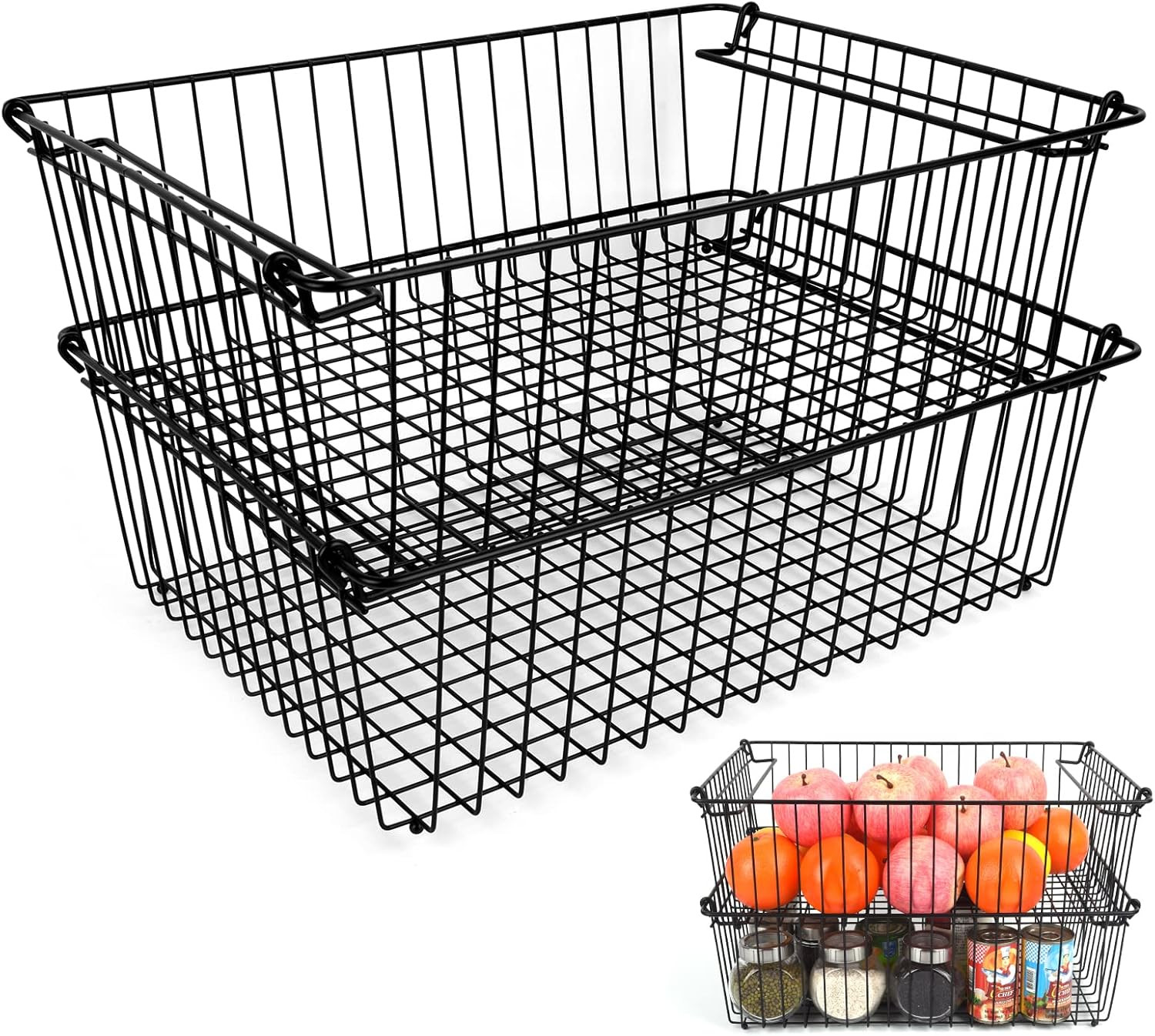 Set of 2 Stackable XXL Wire Baskets for Pantry Storage and Organization -16X12In