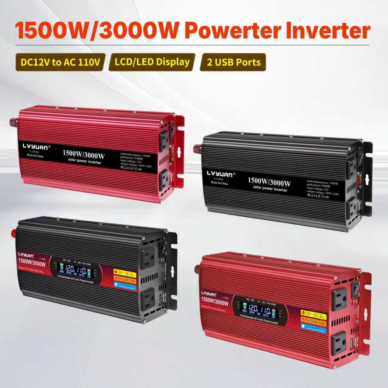 1500W 3000W Power Inverter 12V to 110V 120V Converter with 2USB 2AC Black Red