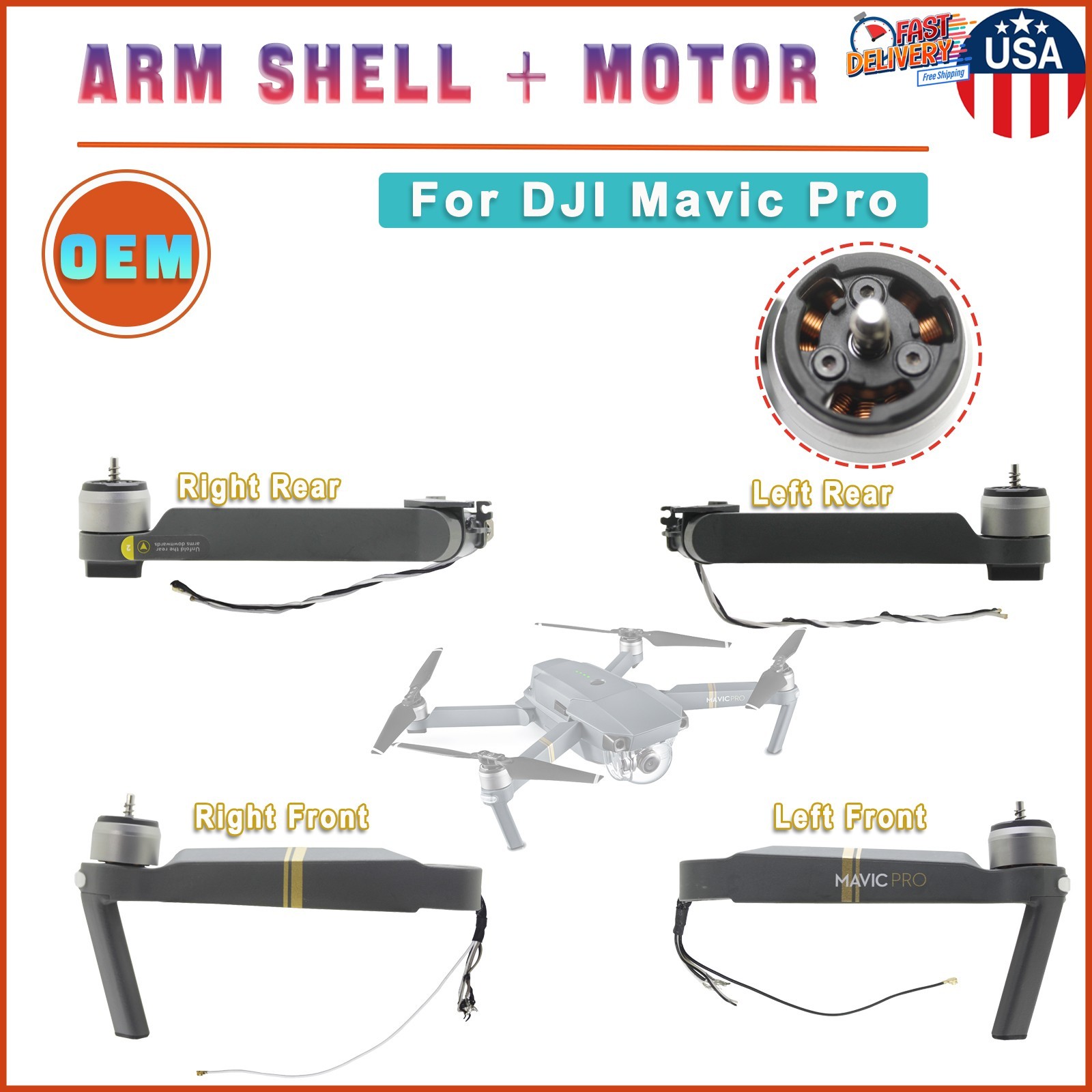 OEM Left Right Arm Shell Cover with Motor + Wire Replace For DJI Mavic Pro Drone