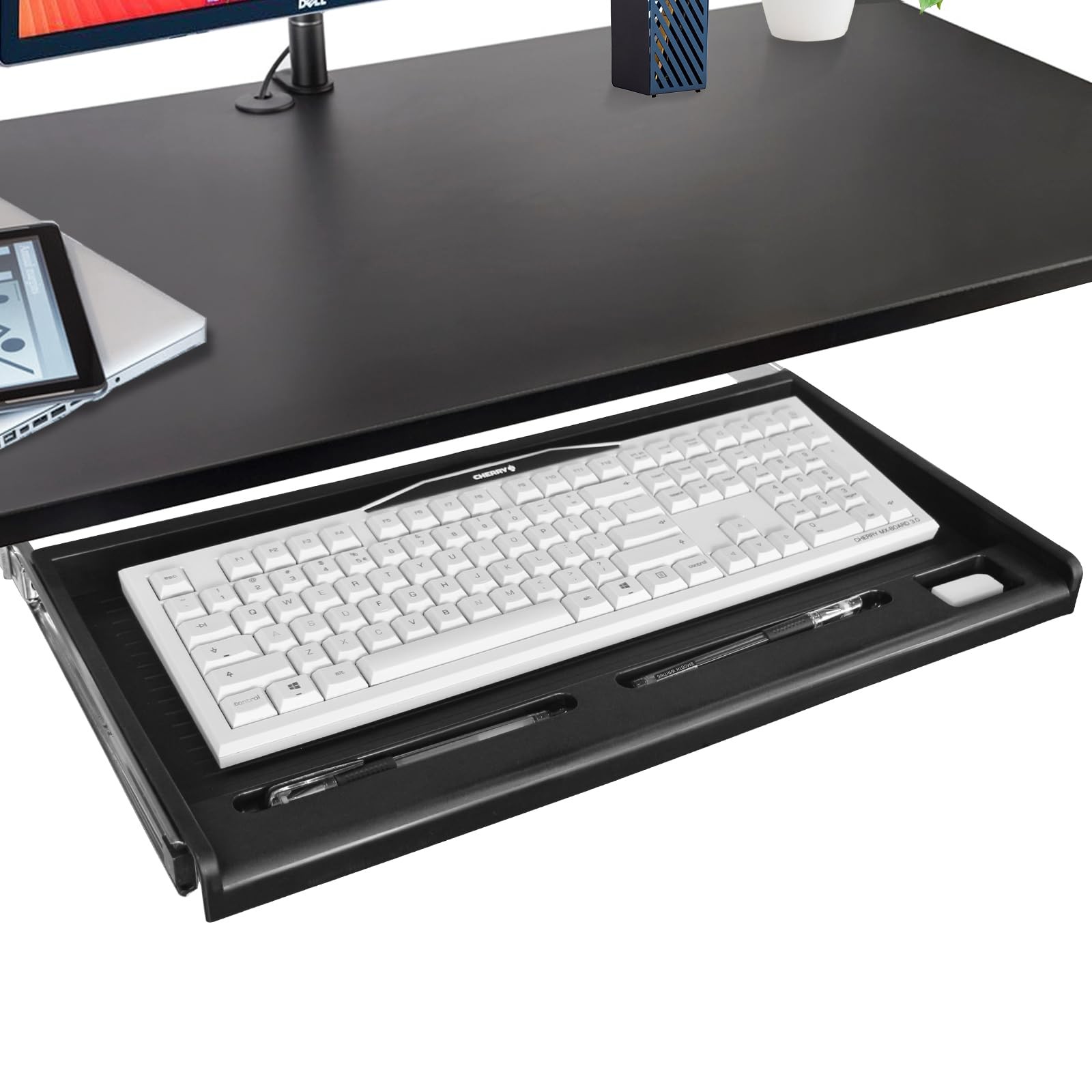 Under Desk Keyboard Tray 20x11 Inch, Slide Out Extender Pen Holder, Black PC