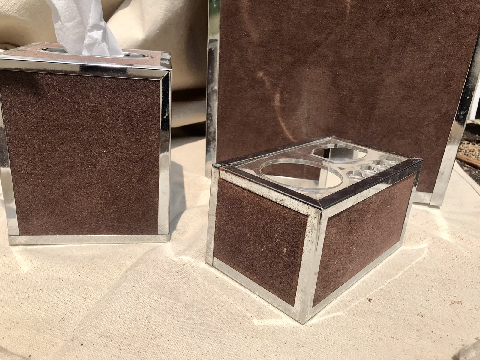 MCM Chrome Suede Wastebasket Tissue Makeup Holder Set Stylebuilt Accessories