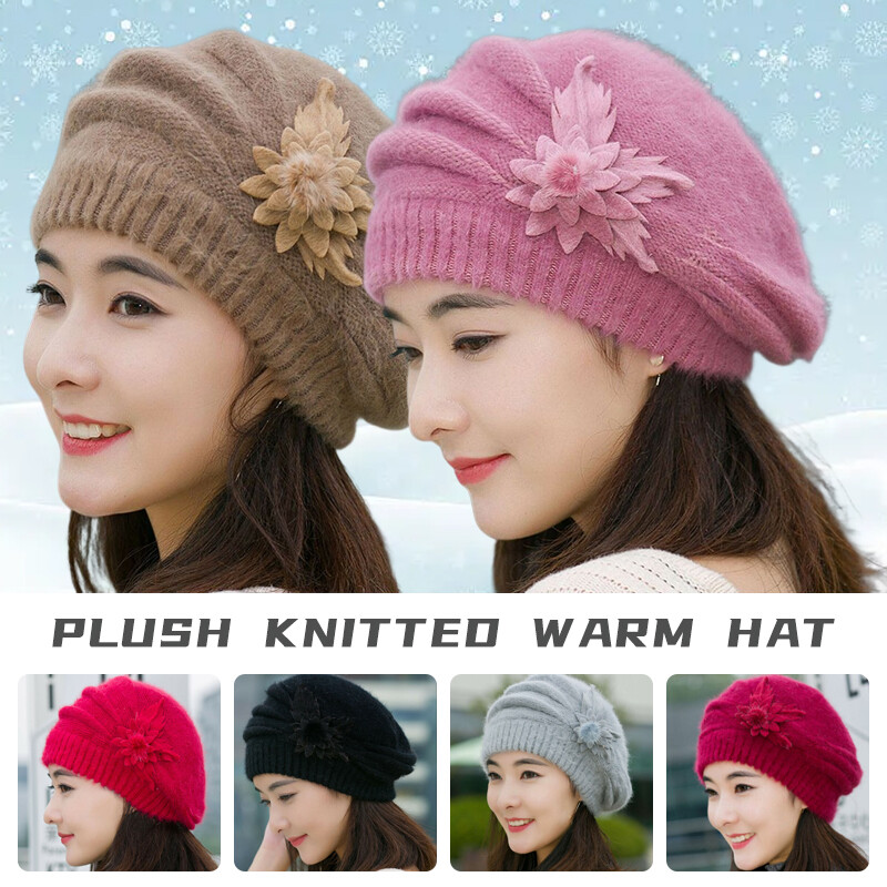 Women Casual Beret Winter Warm Baggy Beanie Knit Flower Crochet Hat Cap Gift