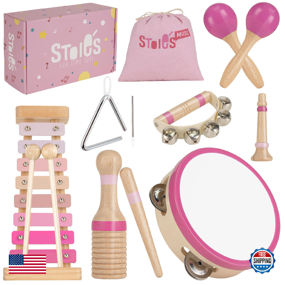 Stoie's Wooden Toddler Musical Instruments with Xylophone, Maracas, Triangle, Ta