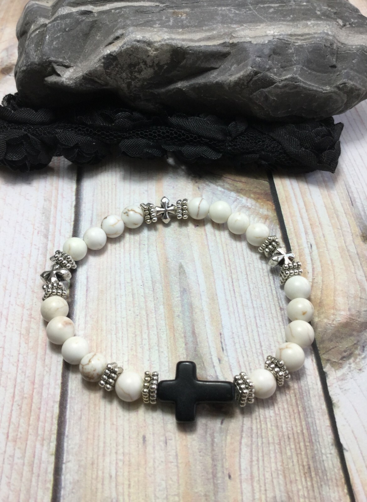 Handmade Healing Gemstone Howlite Turquoise Cross Stretch Bracelet  USA