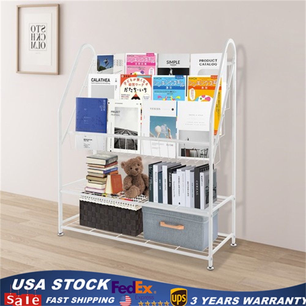 5 Tier White Vertical Bookshelf Iron Display Shelves Cabinet Books Bracket Shelf