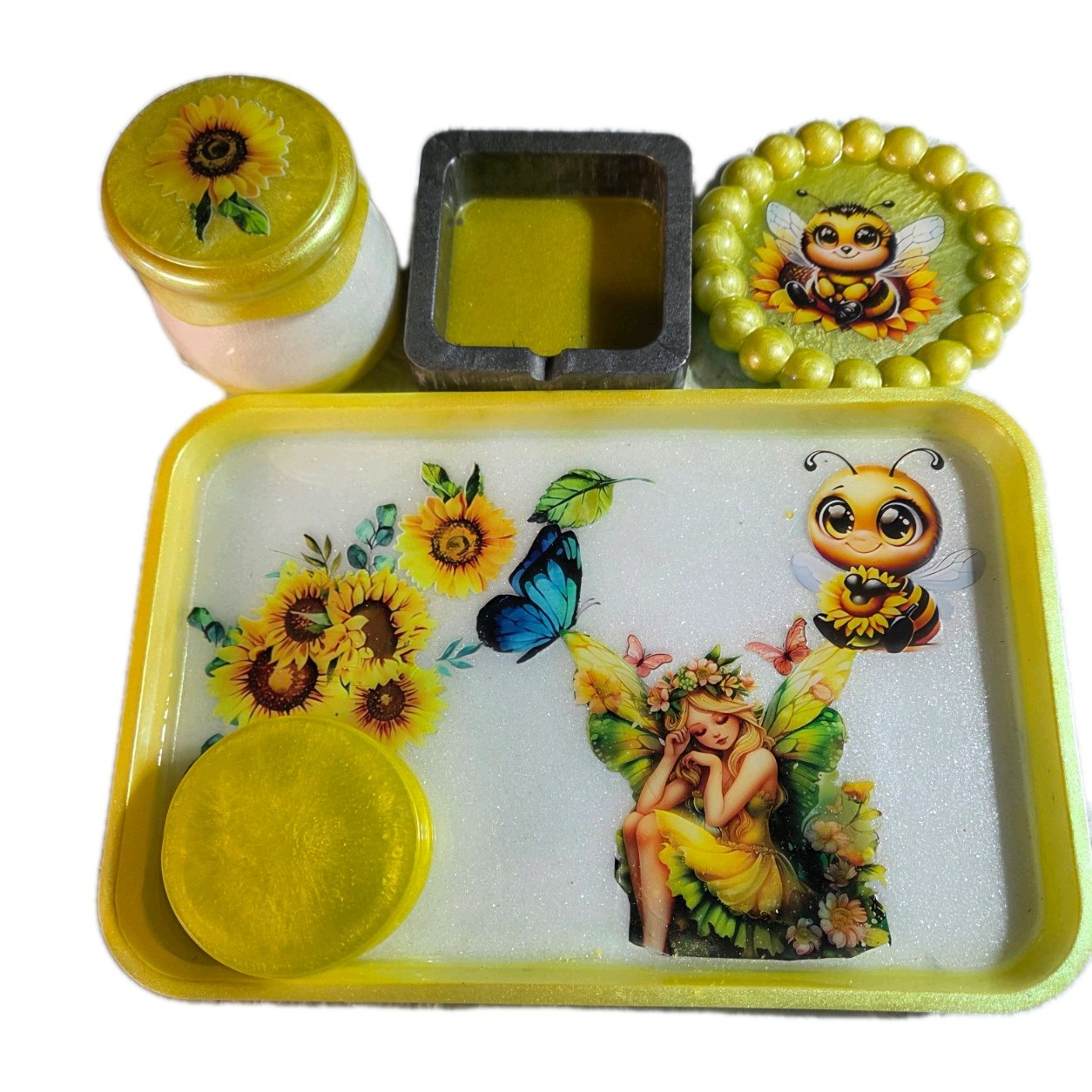 Handmade Sunflower Bee Design rolling tray, storage jar, ashtray and coaster