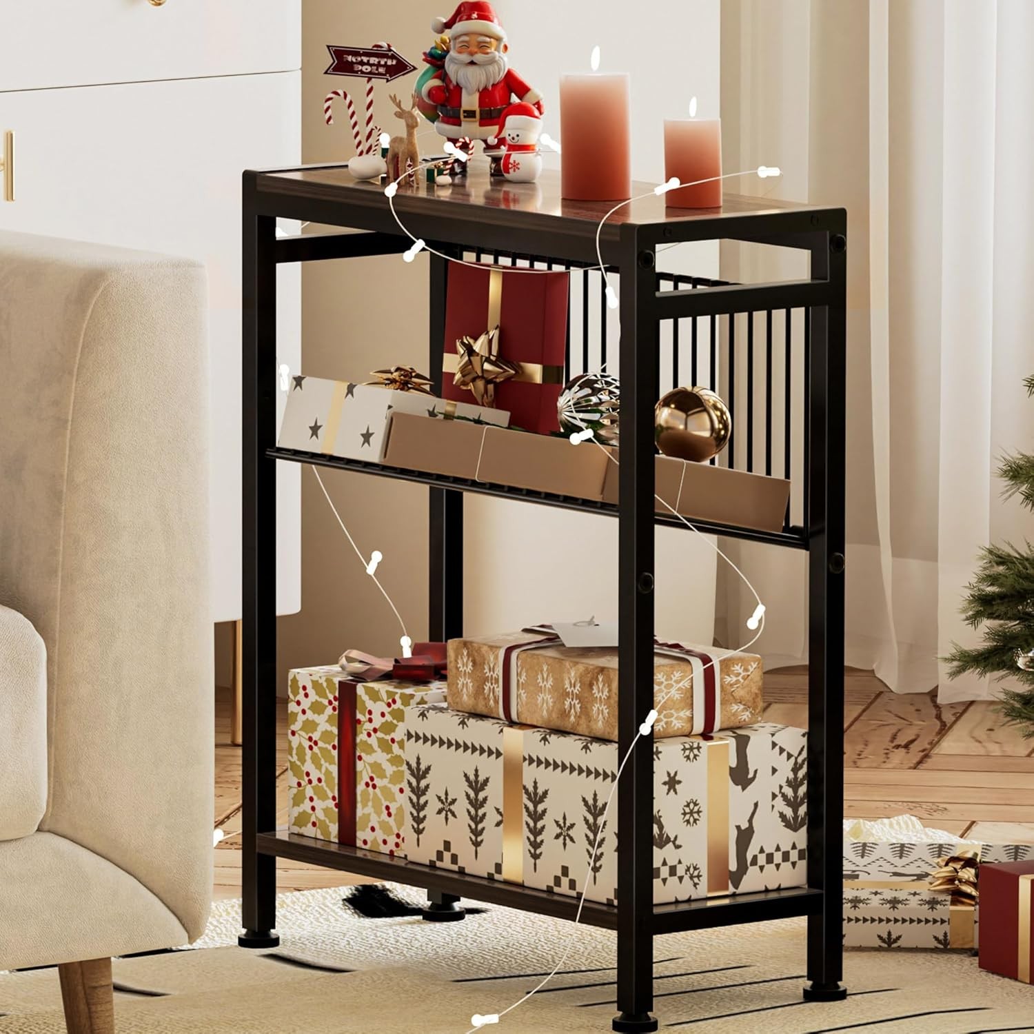 Side Table Small Space 3-Tier Narrow End Tablewith Magazine Holder,Slim